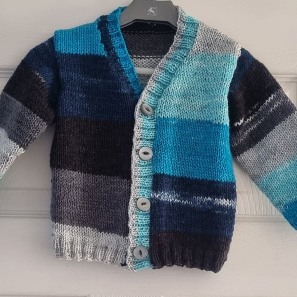 Handmade baby boy cardigan 12 to 18 months blue stripe