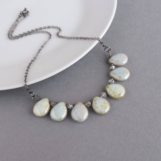 Duck Egg Blue Teardrop Fan Necklace - Mint Chunky Glass Statement Jewellery 