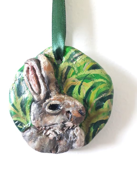 'Mr Rabbit" small rustic clay hanging sculpture.  