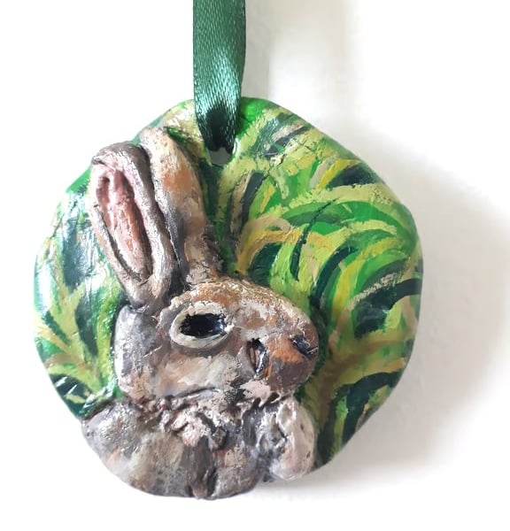 'Mr Rabbit" small rustic clay hanging sculpture.  