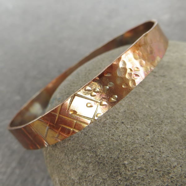Wide copper bangle with iridescent patina, 7th anniversary gift