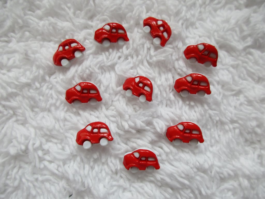 REDUCED 10 Red White Shank Car Shaped Buttons