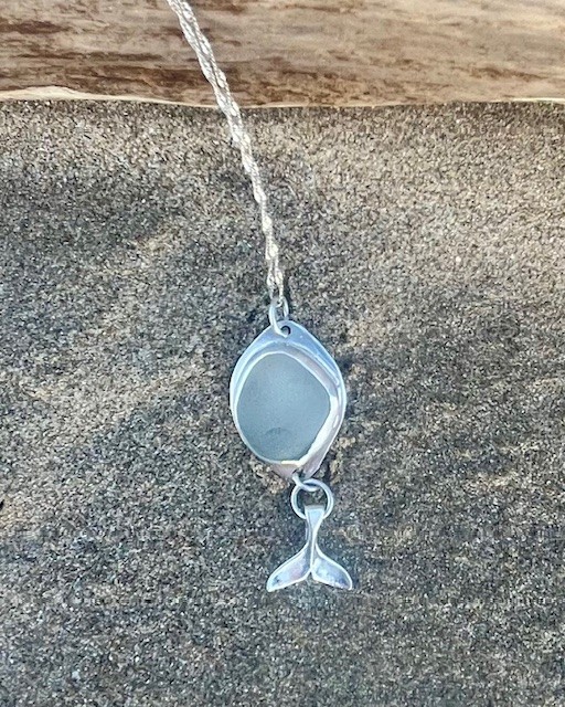 Handmade Sterling Silver 925 Sea Glass Whale Pendant Necklace