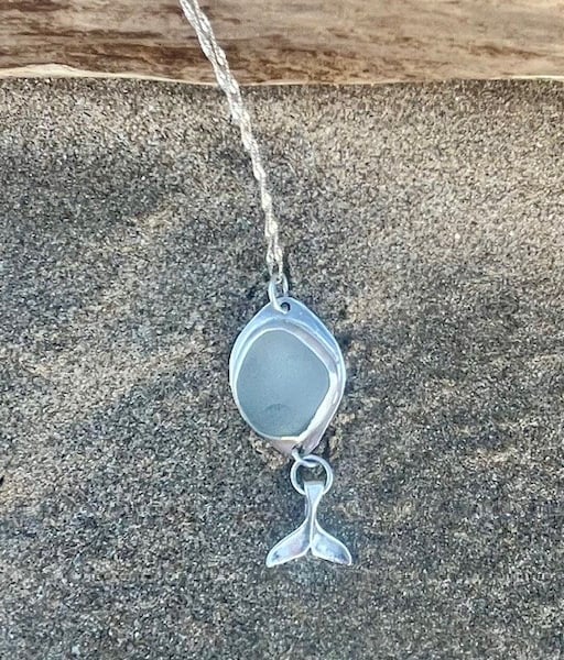 Handmade Sterling Silver 925 Sea Glass Whale Pendant Necklace