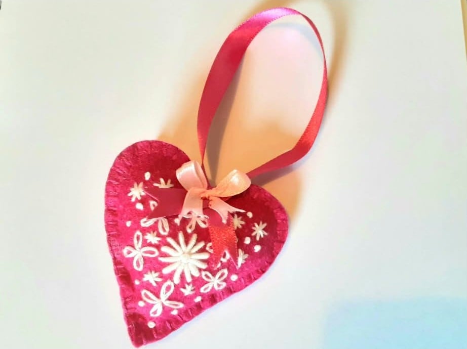 Embroidered pink felt heart pocket hug, stuffed fabric bag charm keyring