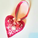 Embroidered pink felt heart pocket hug, stuffed fabric bag charm keyring