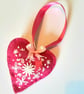 Embroidered pink felt heart pocket hug, stuffed fabric bag charm keyring