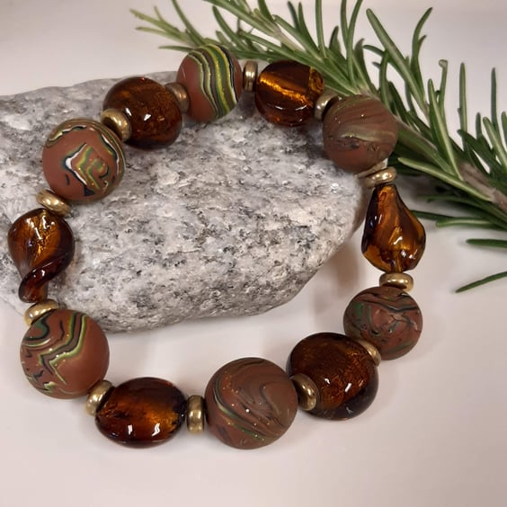 Polymer clay bracelet in brown swirl