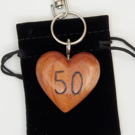 50th birthday keyring,  pyrography wooden heart, milestone birthday keepsake 