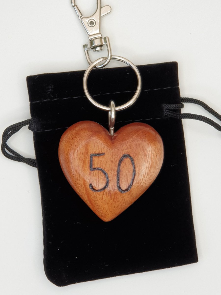 50th birthday keyring,  pyrography wooden heart, milestone birthday keepsake 
