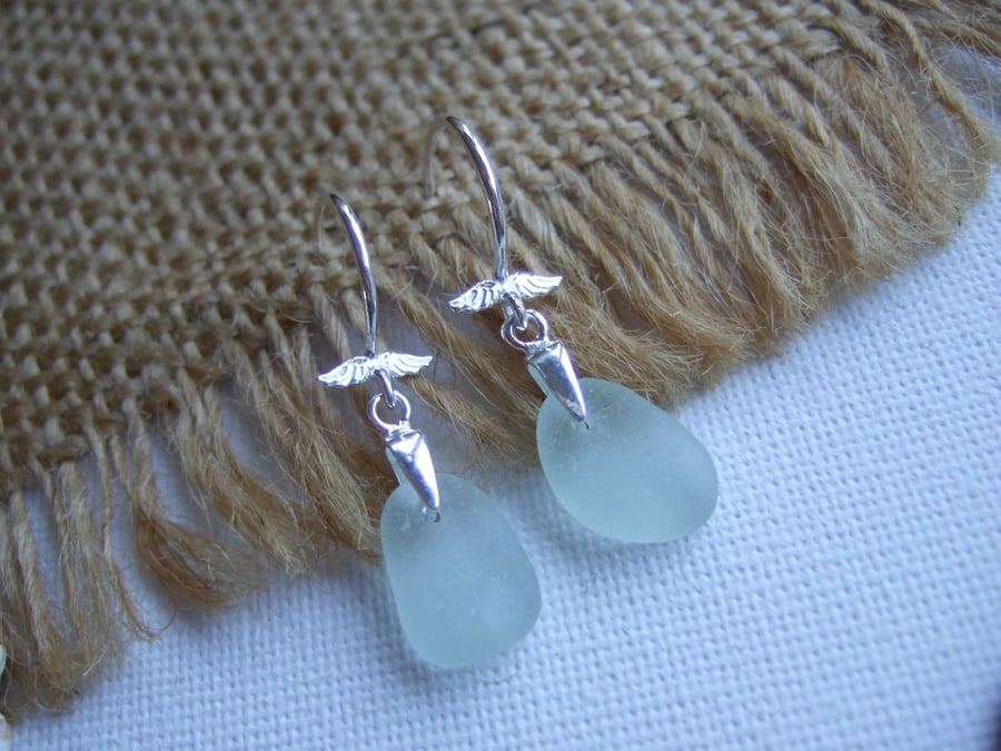 Angelwings, Scottish seafoam sea glass sterling silver earrings, elegant earring