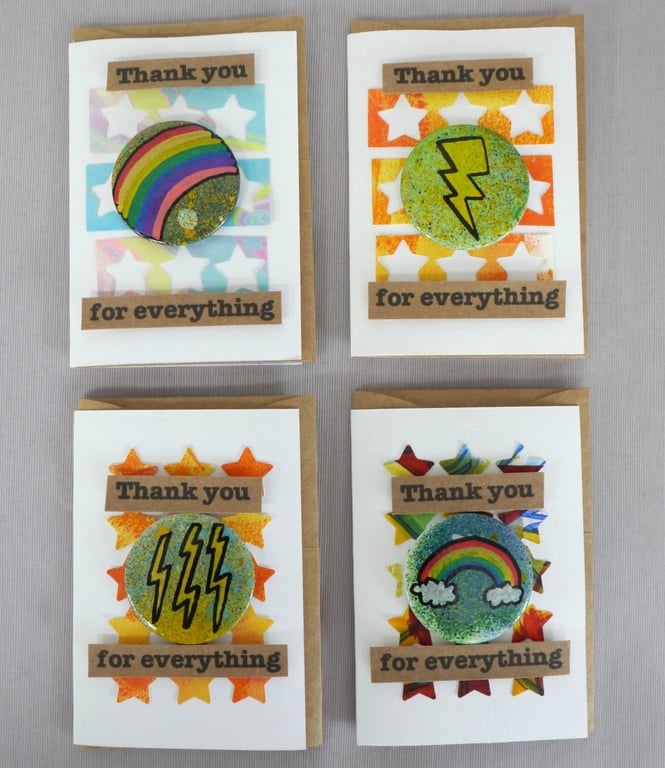 4 x Badges, Rainbow Badges, Badge Cards, Thank You Cards, Keepsake Cards