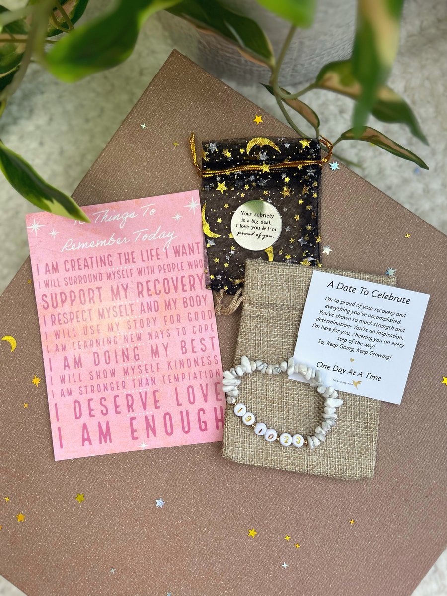 Personalised Recovery Bracelet, Sobriety Chip and affirmations card