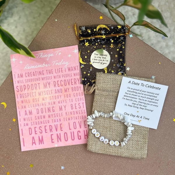 Personalised Recovery Bracelet, Sobriety Chip and affirmations card