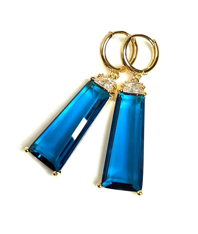 Long Blue Zircon Crystal Earrings, Gold Blue Dangles