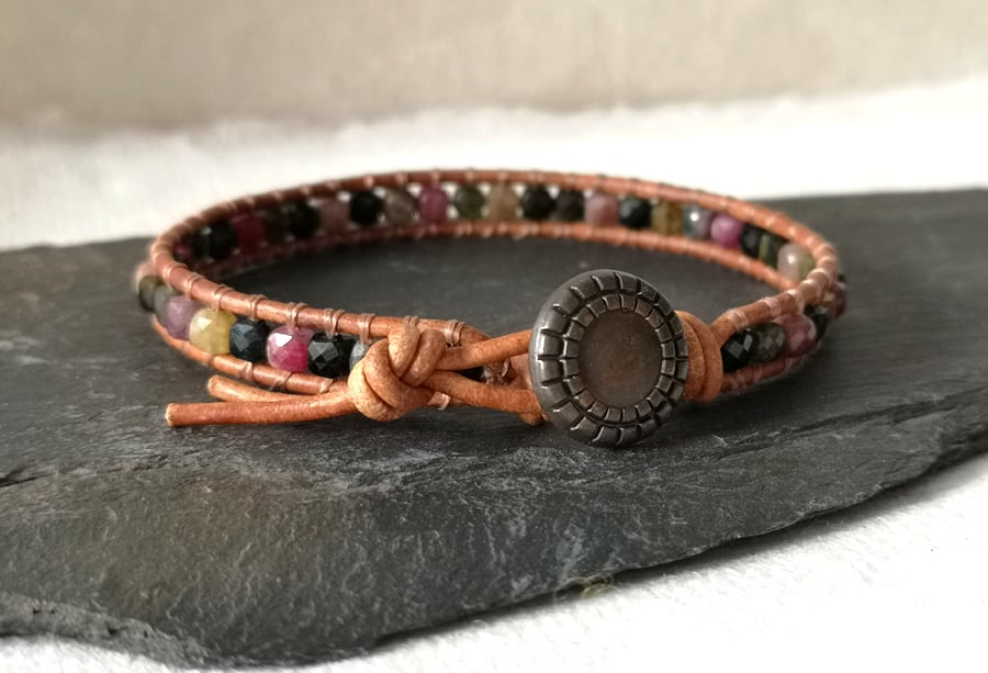 Tourmaline semi precious bead and leather bracelet, October birthstone
