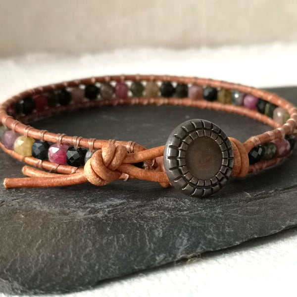 Tourmaline semi precious bead and leather bracelet, October birthstone