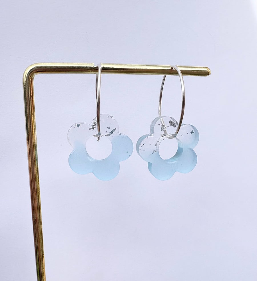 Summer skies silver and resin flower hoop earrings