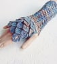 Blue and Grey Dragonscale Fingerless Gloves, Womens Wool Handwarmers - Image 4