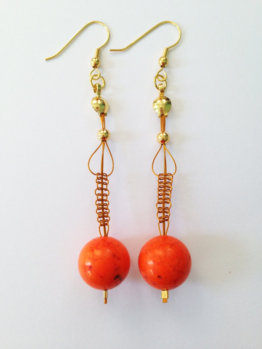 Magnesite and Beading Wire Earrings - Bright Orange