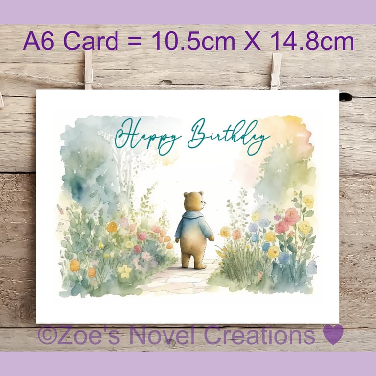 Watercolour Teddy Bear Birthday Card A6 10.5cm x 14.8cm