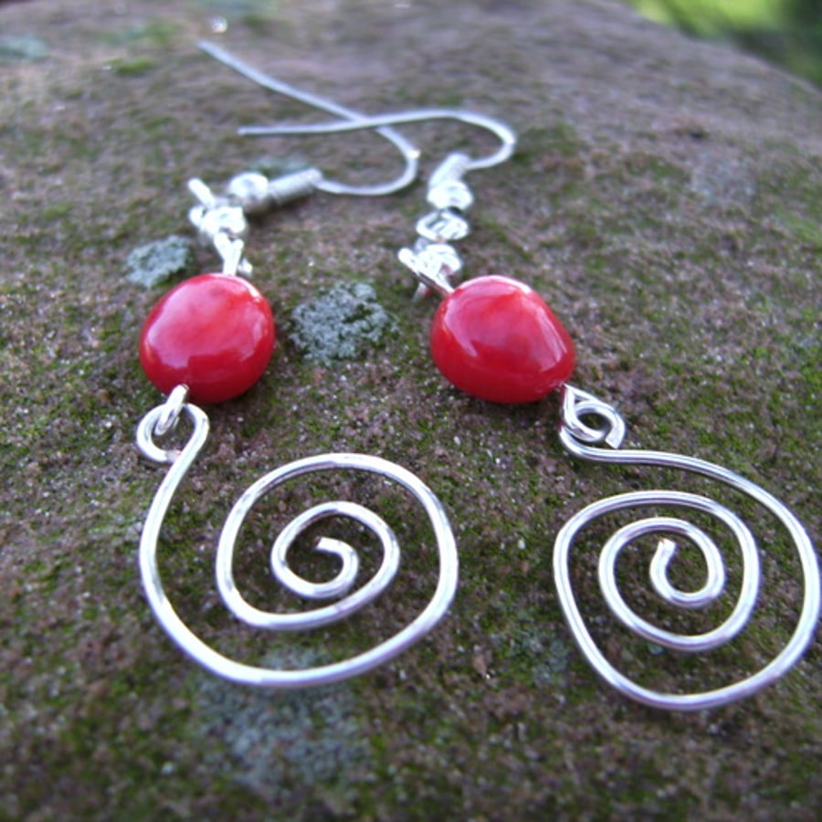 Red coral bead and silver plated wire earrings