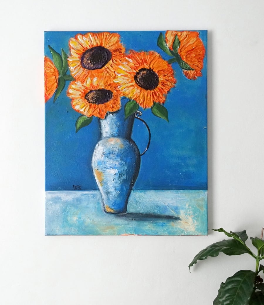 Sunflowers Painting Acrylic Still Life Artwork Textured Art For Home 
