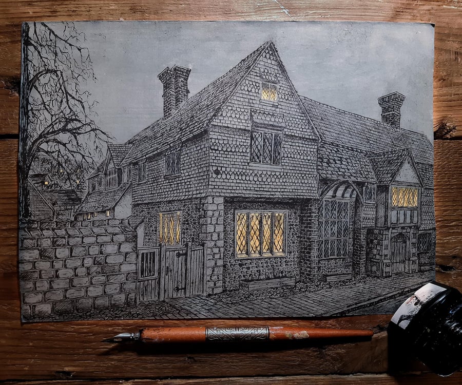 Anne of Cleves House - Art Print, Ink, Medieval, Architecture, Landscape, Histor