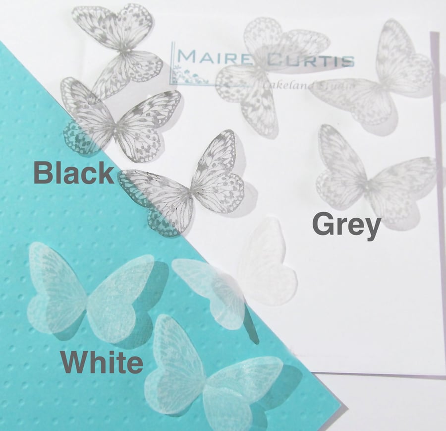 Hand printed silk butterflies in monochrome shades. Two Sizes.