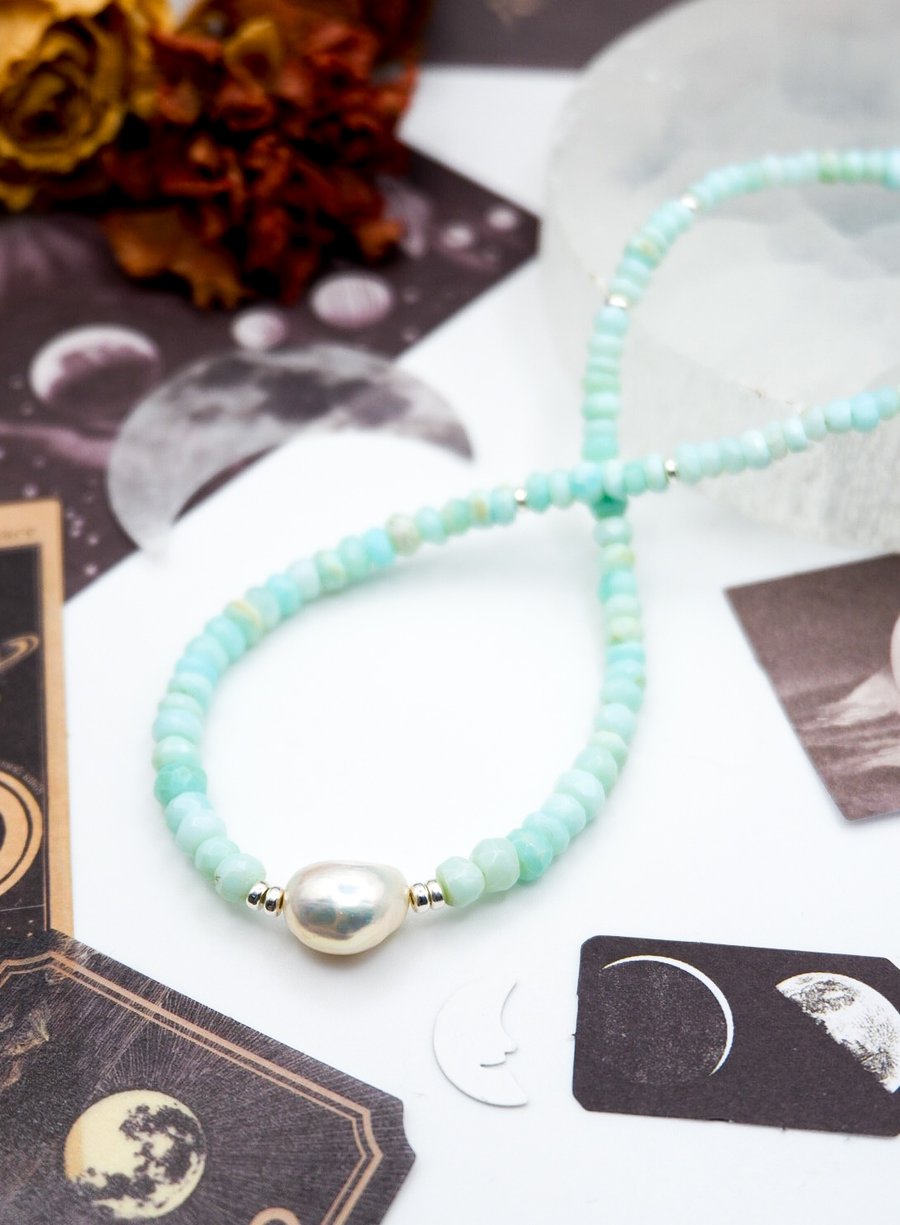 Blue Sky Opal Gemstone Necklace - Gemstone Beaded Celestial Necklace, Choker