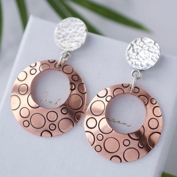 Statement silver and copper dangle earrings