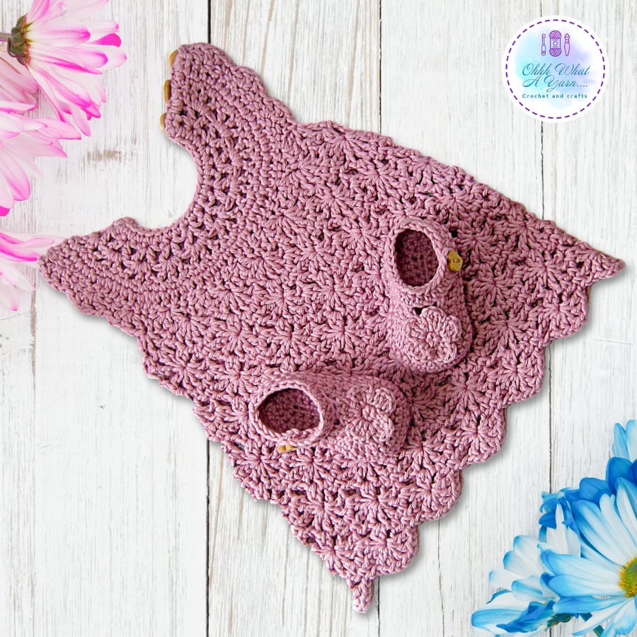 Dusty pink cotton lacy baby dress and shoes. Baby sun dress. 0-3 months