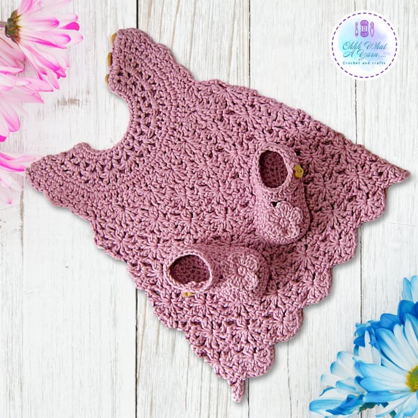 Dusty pink cotton lacy baby dress and shoes. Baby sun dress. 0-3 months