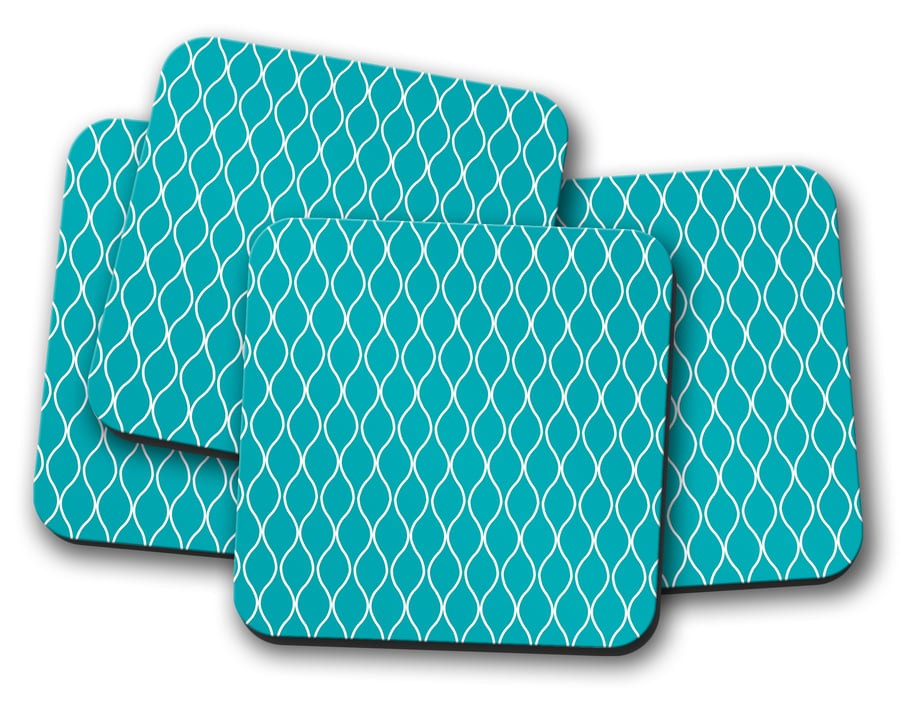 Set of 4 Turquoise and White Geometric Coasters