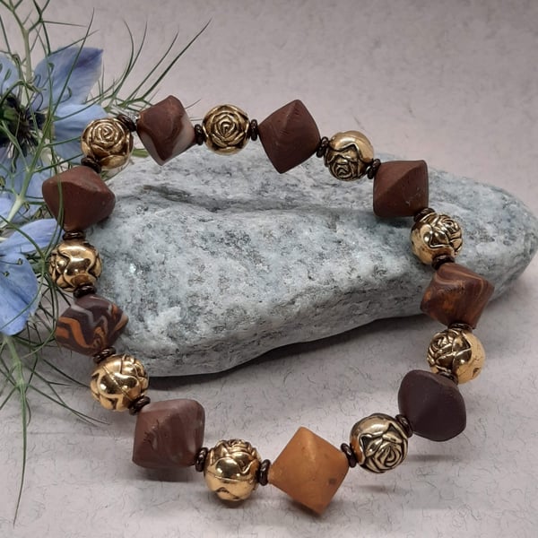 Brown and gold polymer clay bracelet