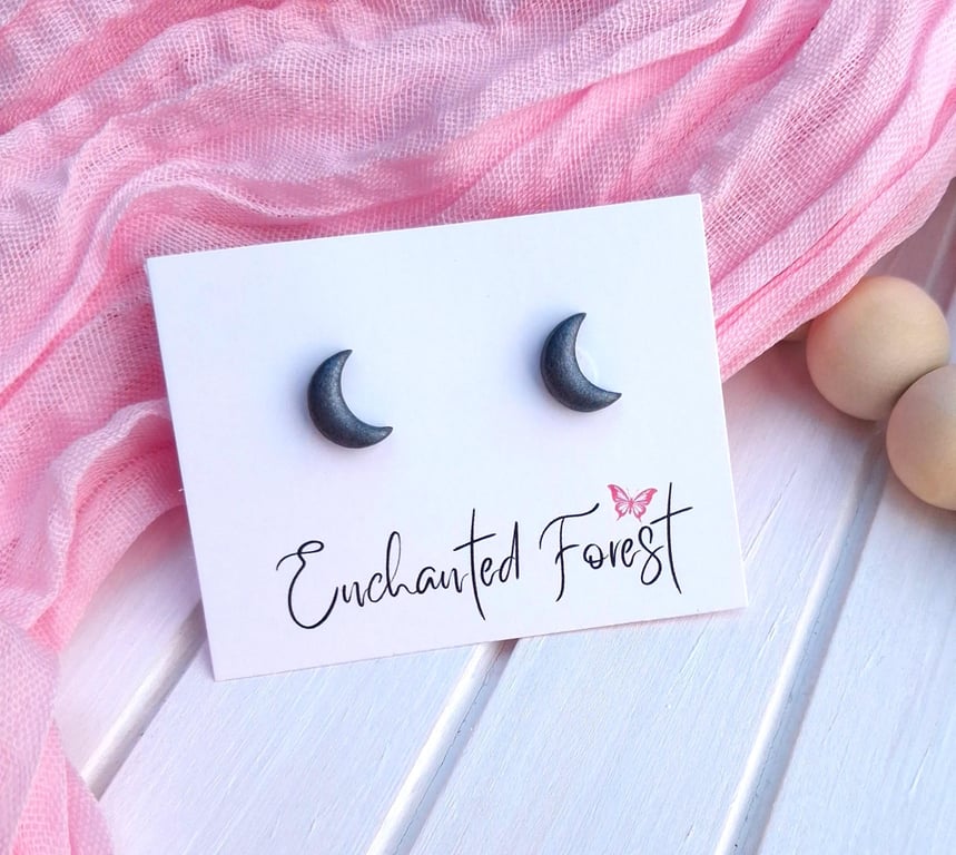 Pearlescent Graphite Moon Stud Earrings, Celestial Jewellery, Accessories
