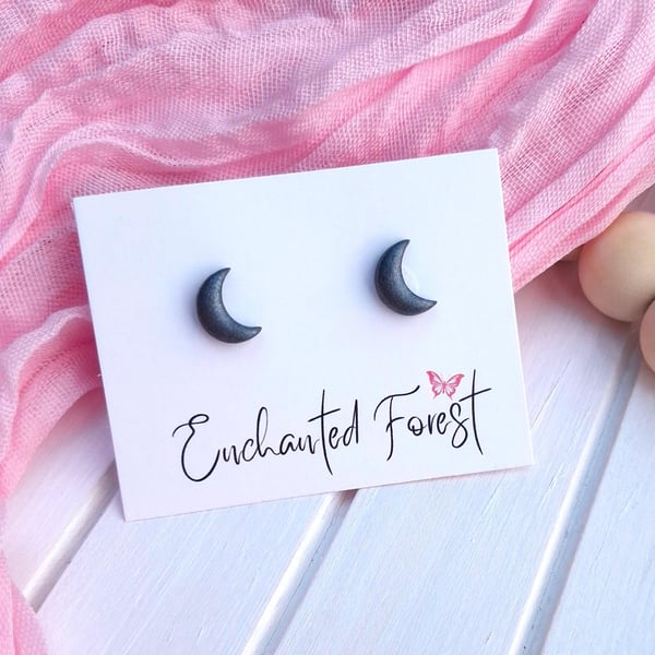 Pearlescent Graphite Moon Stud Earrings, Celestial Jewellery, Accessories
