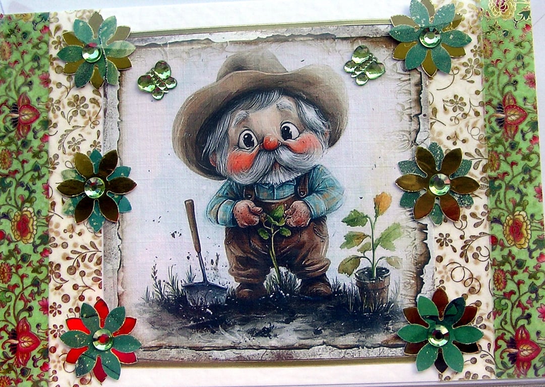 Gardening Grandpa - Hand Crafted 3D Decoupage Greeting Card - Blank - 2920