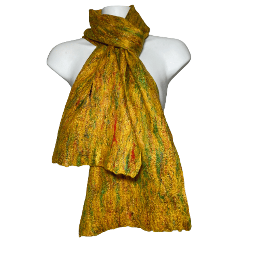 Mustard merino wool felted scarf with recycled sari silk fibres