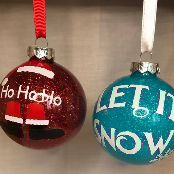 Christmas glitter glass tree baubles,  Santa and Let it snow decorations 