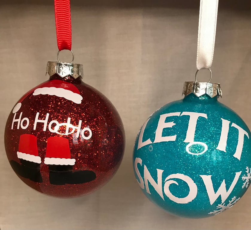 Christmas glitter glass tree baubles,  Santa and Let it snow decorations 