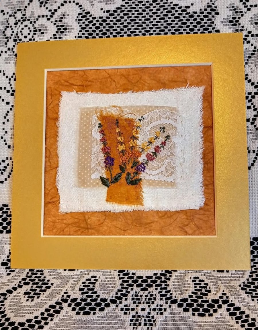 Embroidered textile art wall hanging, floral wall decor