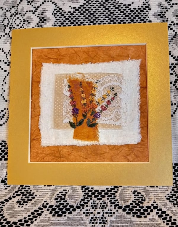 Embroidered textile art wall hanging, floral wall decor