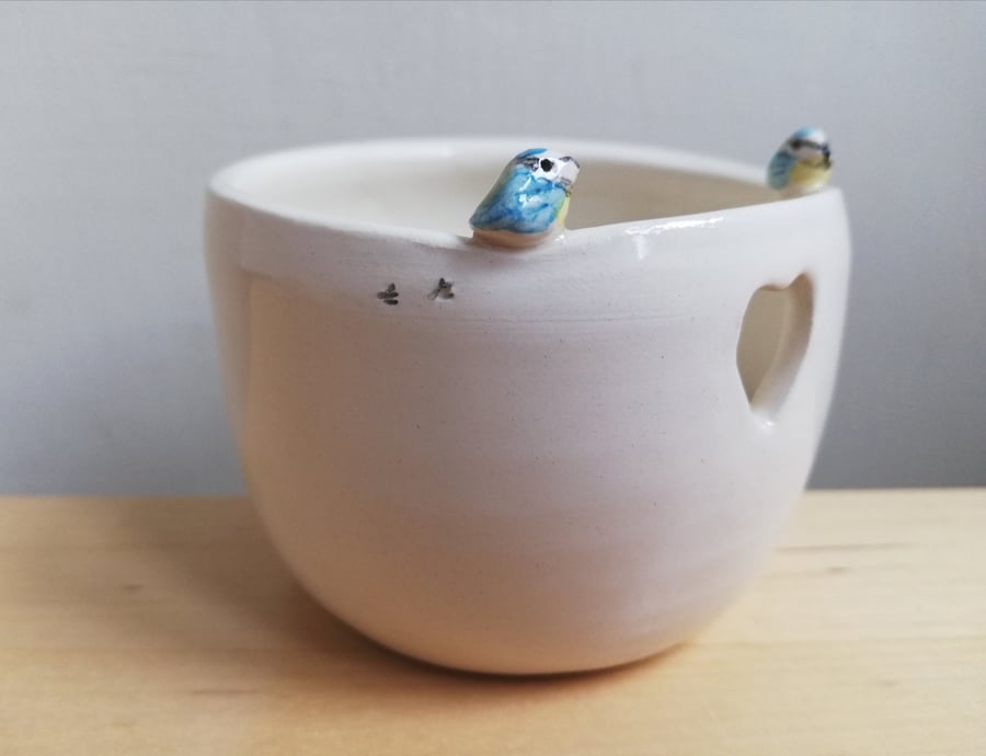 Tealight with bluetit birds, birdprints and heart Handmade ceramic candle holder