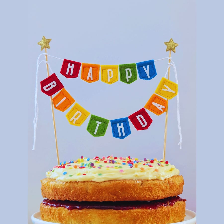 Happy Birthday Rainbow Cake Topper with Spearhead Bunting Handmade from Felt