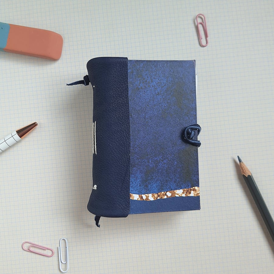 A7 notebook, handmade journal, hand bound blue book with leather spine