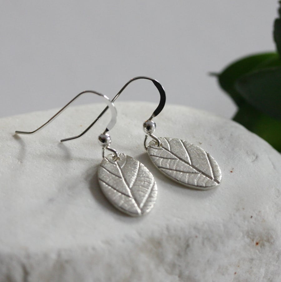 Small Silver Leaf Print Earrings, Silver Earrings, Light Finish