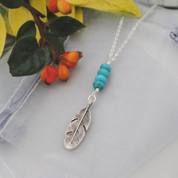 Turquenite & silver leaf long layering necklace