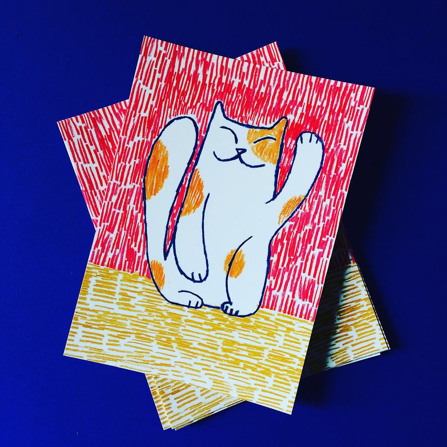 Maneko Neki Cat postcard by Jo Brown -be lucky!