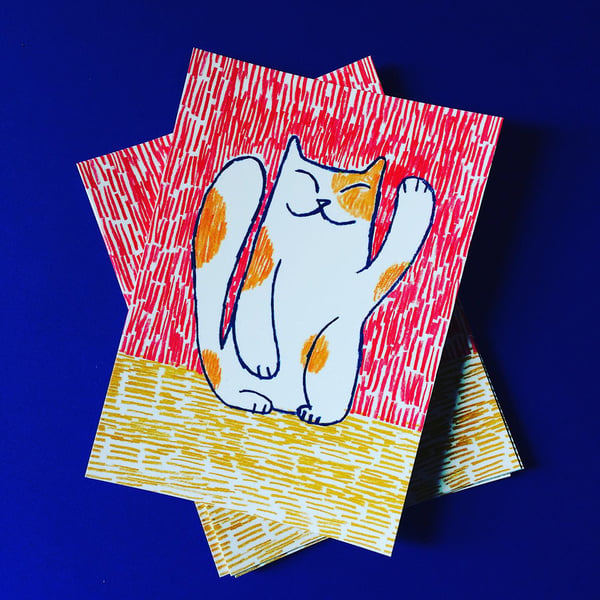 Maneko Neki Cat postcard by Jo Brown -be lucky!